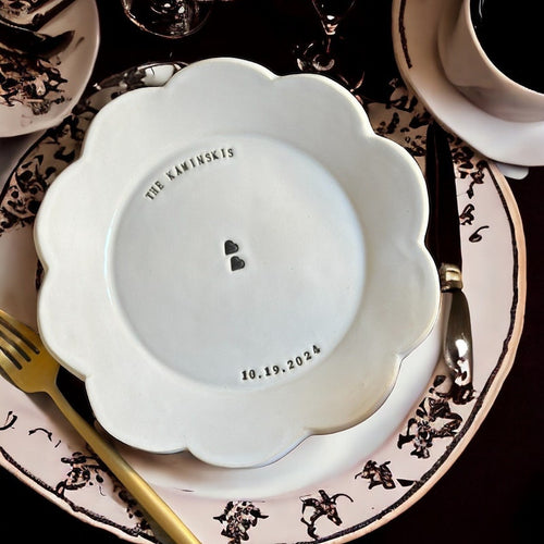 Bespoke Engraved Porcelain Dinner Plate — Wedding — handmade ceramics by Kiln & Co