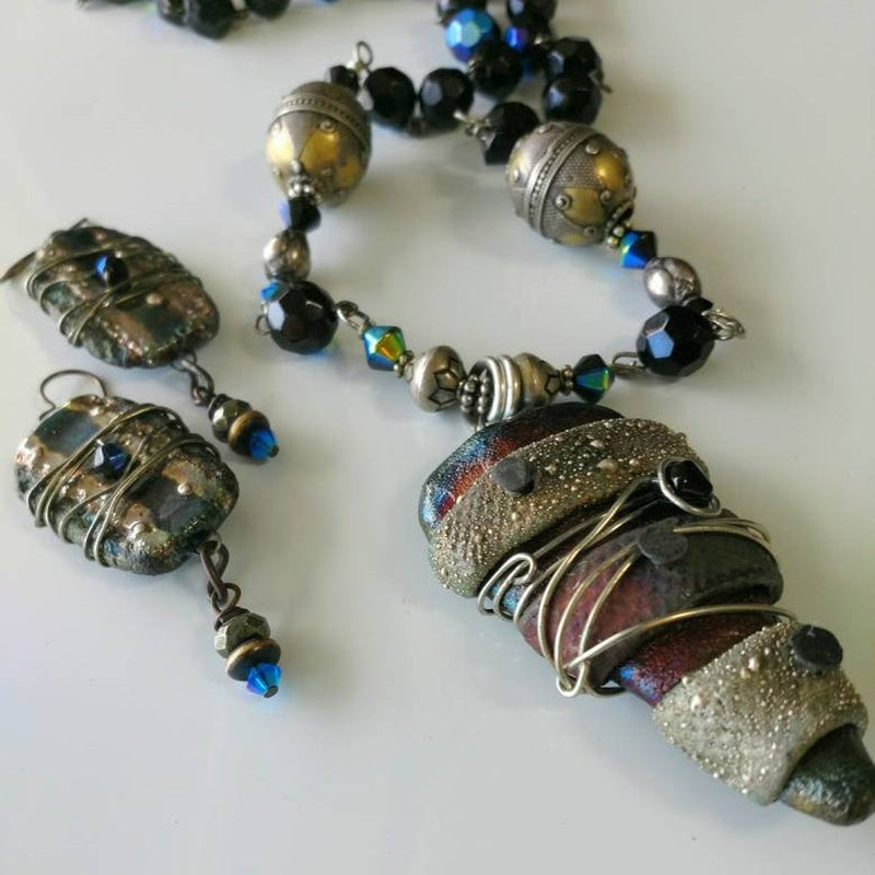 Handmade Raku Jewellery Set — Necklace & Earrings — handmade ceramics by Kiln & Co