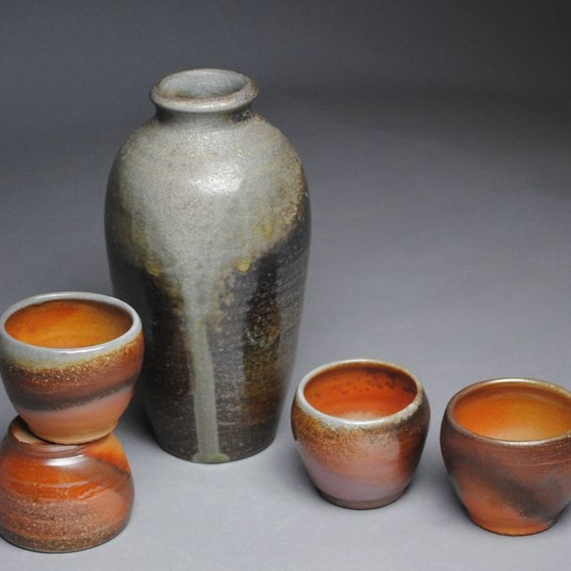 Wood-Fired Stoneware Sake Bottle & Cup Set — handmade ceramics by Kiln & Co